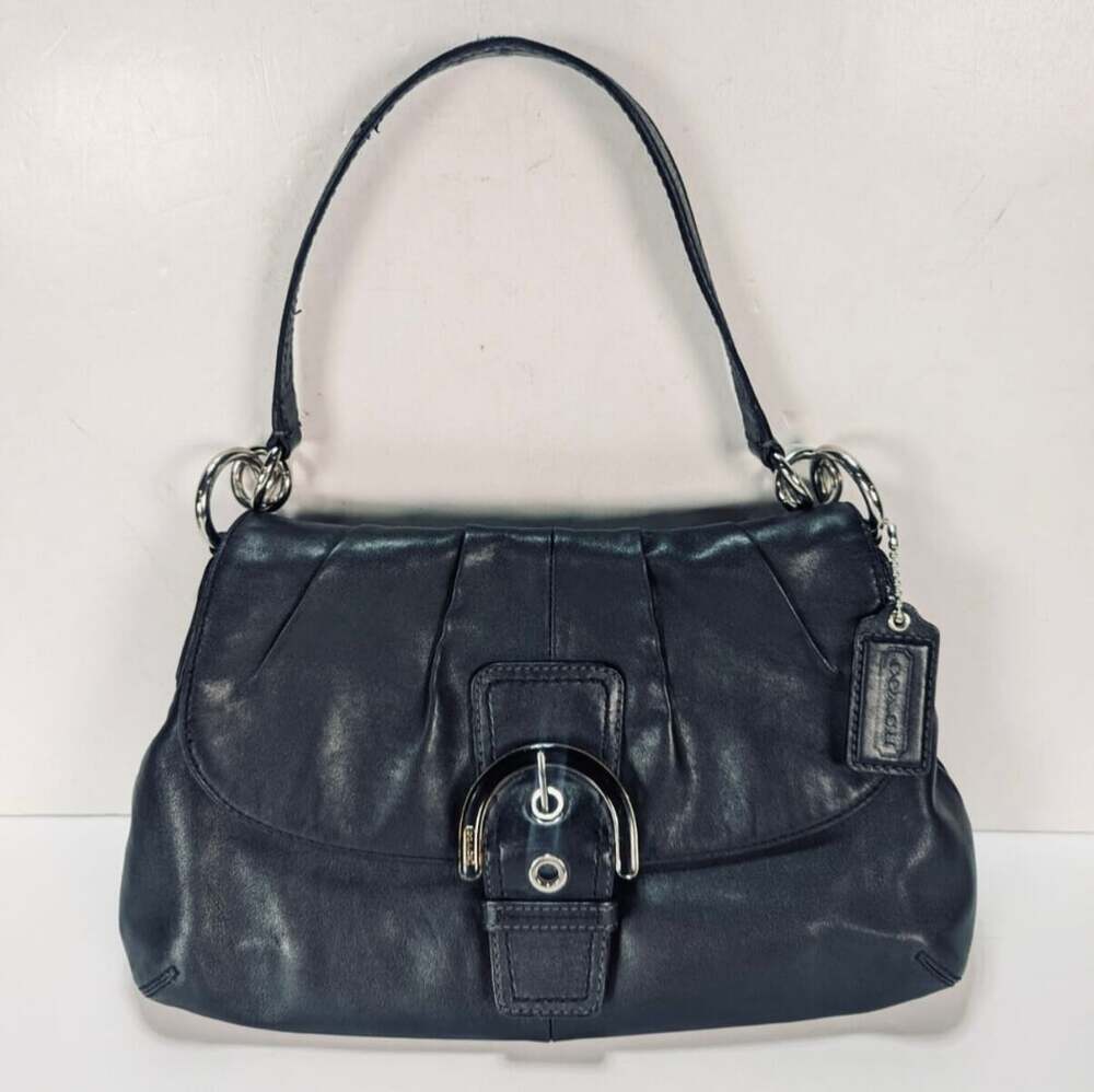 Coach Soho Black Pleated Leather Flap Shoulder Bag with Buckle